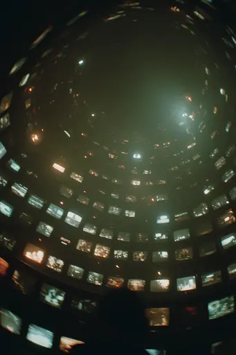 Midjourney generated image using SREF code Glitchmorose: A view of the inside of a dome of television screens.