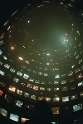 Midjourney generated image using SREF code Glitchmorose: A view of the inside of a dome of television screens.