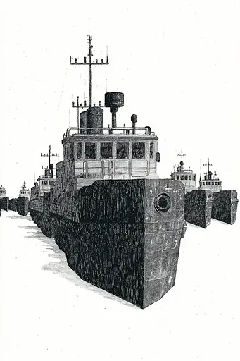 Midjourney generated image using SREF code Cosmic Contours: A black and white drawing of a large boat.