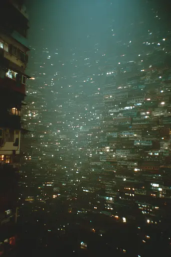 Midjourney generated image using SREF code Glitchmorose: A view of a city at night from the top of a building.