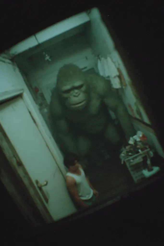 Midjourney generated image using SREF code Glitchmorose: A man standing in front of a mirror with a gorilla on it.