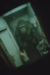 Midjourney generated image using SREF code Glitchmorose: A man standing in front of a mirror with a gorilla on it.