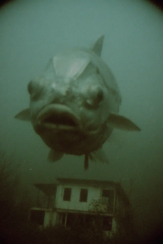 Midjourney generated image using SREF code Glitchmorose: A large fish that is floating in the water.