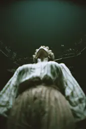 Midjourney generated image using SREF code Glitchmorose: A woman in a white dress standing in front of a crowd.