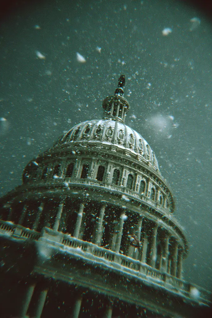 Midjourney generated image using SREF code Glitchmorose: A view of the dome of the U.S. Capitol building in the snow.