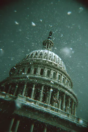 Midjourney generated image using SREF code Glitchmorose: A view of the dome of the U.S. Capitol building in the snow.