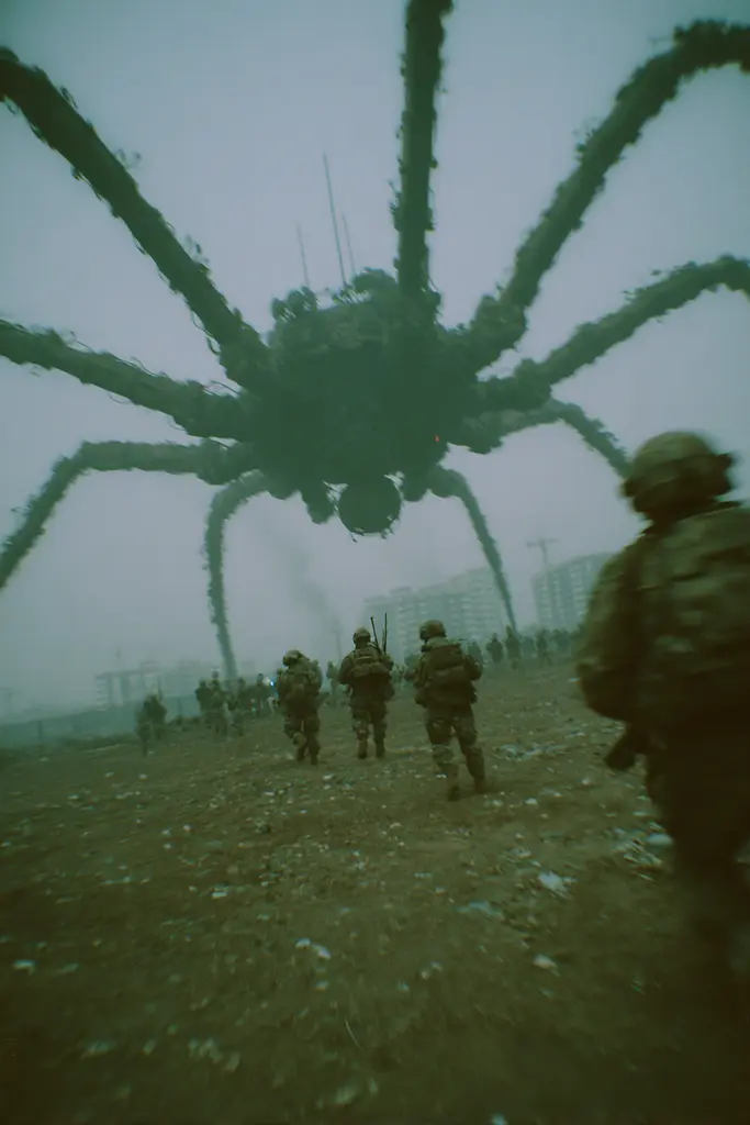 Midjourney generated image using SREF code Glitchmorose: A large spider is in the middle of a field.