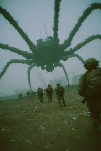 Midjourney generated image using SREF code Glitchmorose: A large spider is in the middle of a field.
