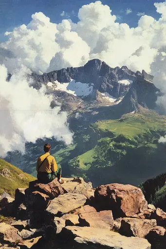 Midjourney generated image using SREF code Serene Monarch: A man sitting on top of a mountain looking out over a valley.