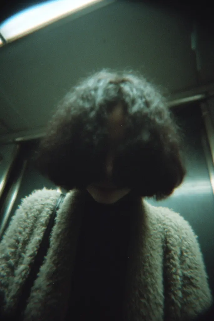 Midjourney generated image using SREF code Glitchmorose: A woman with curly hair on a subway train.
