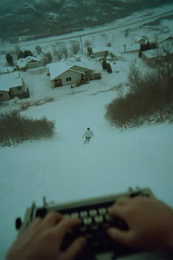 Midjourney generated image using SREF code Glitchmorose: A person typing on a typewriter in the snow.
