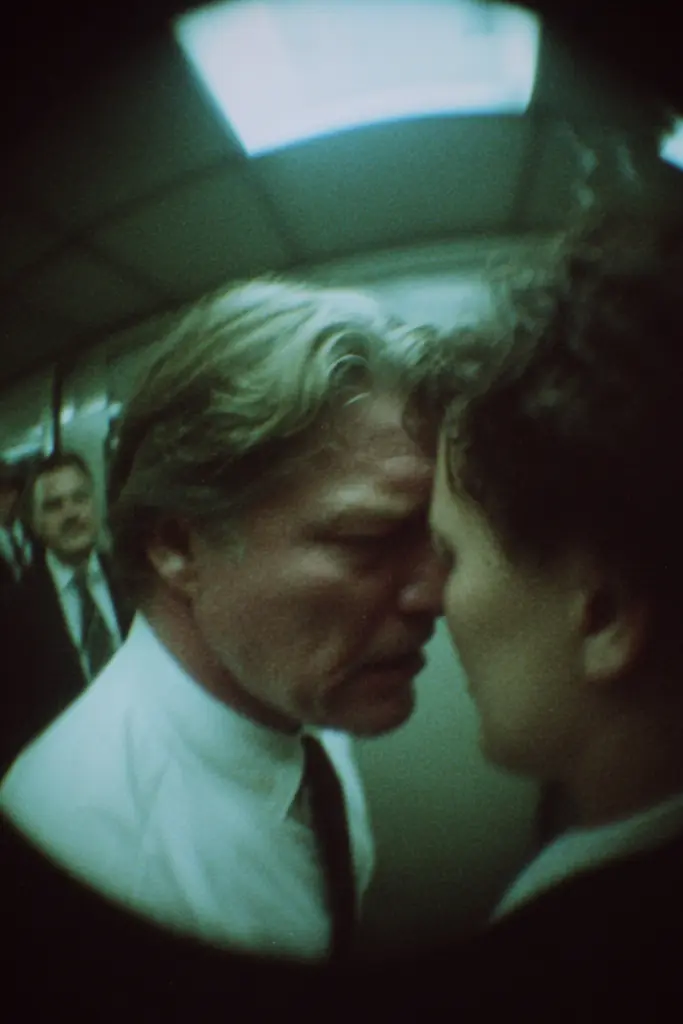 Midjourney generated image using SREF code Glitchmorose: A man and a woman kissing on a subway train.