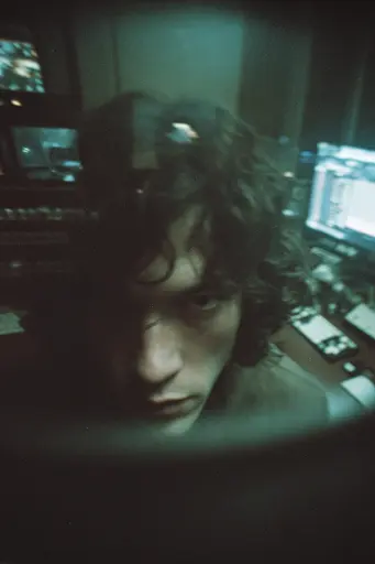 Midjourney generated image using SREF code Glitchmorose: A man with curly hair sitting in front of a computer monitor.
