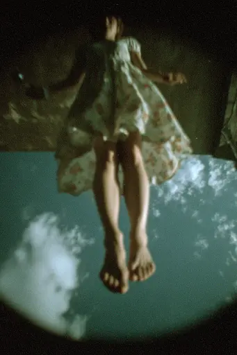 Midjourney generated image using SREF code Glitchmorose: A woman in a white dress is floating in the air.