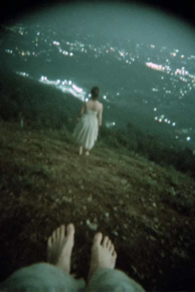 Midjourney generated image using SREF code Glitchmorose: A woman in a white dress standing on top of a hill.