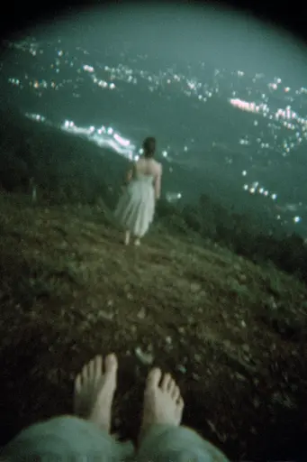 Midjourney generated image using SREF code Glitchmorose: A woman in a white dress standing on top of a hill.