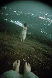 Midjourney generated image using SREF code Glitchmorose: A woman in a white dress standing on top of a hill.