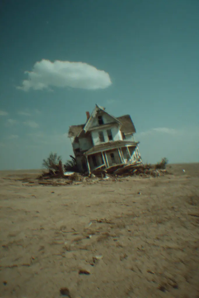 Midjourney generated image using SREF code Glitchmorose: A house in the middle of a desert with a cloudy sky.