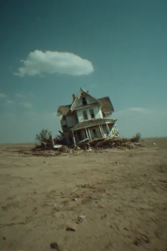 Midjourney generated image using SREF code Glitchmorose: A house in the middle of a desert with a cloudy sky.