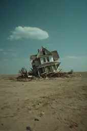 Midjourney generated image using SREF code Glitchmorose: A house in the middle of a desert with a cloudy sky.