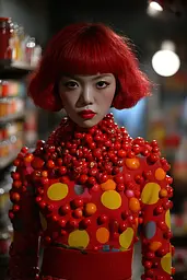 Midjourney generated image using SREF code Pyrognome: A woman with red hair wearing a red and yellow dress.