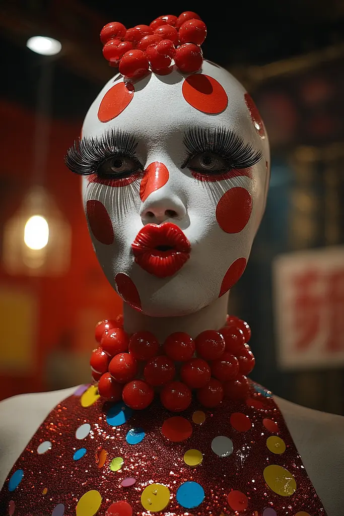 Midjourney generated image using SREF code Pyrognome: A mannequin dressed as a clown with red and white polka dots.