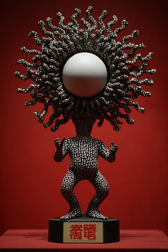 Midjourney generated image using SREF code Pyrognome: A silver sculpture of a man holding a mirror on his head.