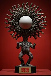 Midjourney generated image using SREF code Pyrognome: A silver sculpture of a man holding a mirror on his head.