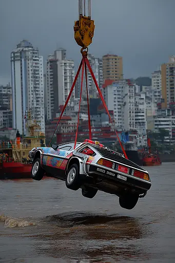 Midjourney generated image using SREF code Pyrognome: A car being lifted from the water by a crane.