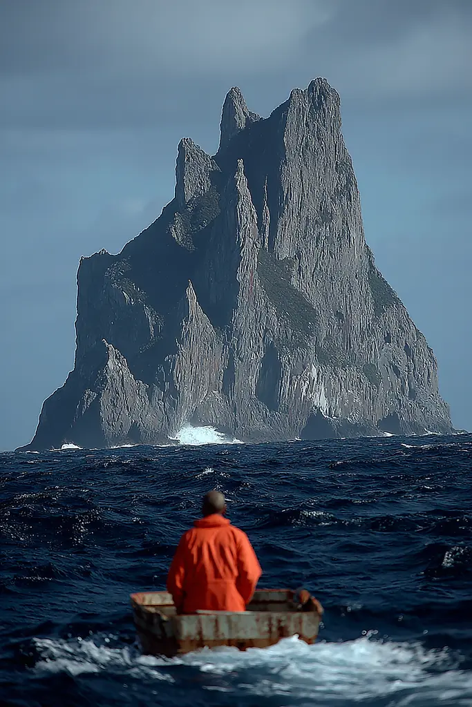 Midjourney generated image using SREF code Pyrognome: A man in a small boat in front of a large rock formation.