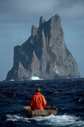 Midjourney generated image using SREF code Pyrognome: A man in a small boat in front of a large rock formation.
