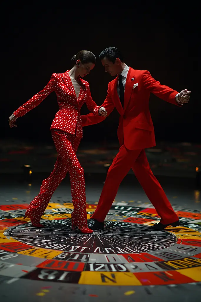 Midjourney generated image using SREF code Pyrognome: A man and a woman in red suits dancing on a roulette wheel.