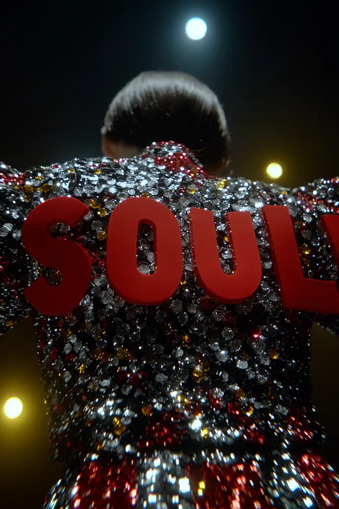Midjourney generated image using SREF code Pyrognome: A woman in a sequin jacket with the word SOUL written on it.