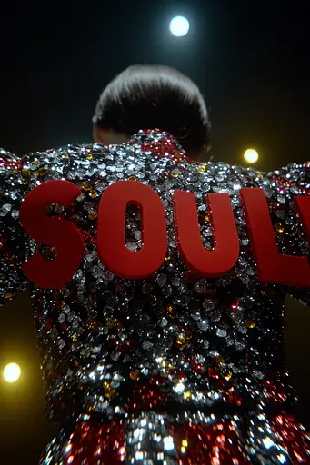 Midjourney generated image using SREF code Pyrognome: A woman in a sequin jacket with the word SOUL written on it.