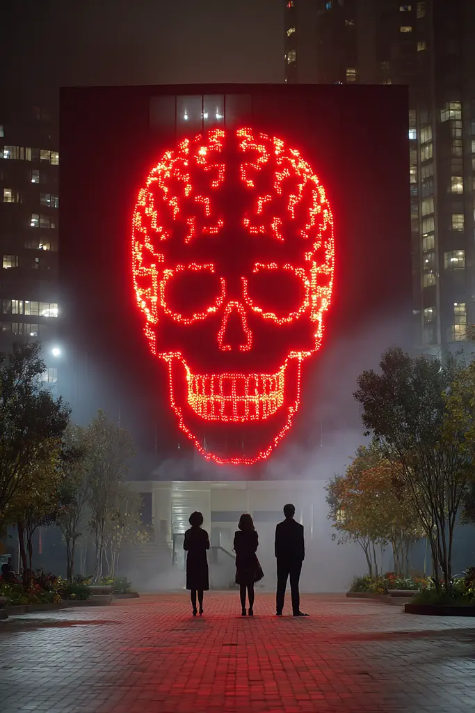 Midjourney generated image using SREF code Pyrognome: A group of people standing in front of a large red skull.
