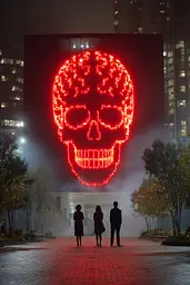 Midjourney generated image using SREF code Pyrognome: A group of people standing in front of a large red skull.