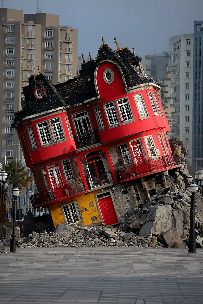 Midjourney generated image using SREF code Pyrognome: A red and yellow house sitting on top of a pile of rubble.