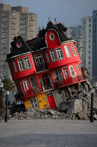Midjourney generated image using SREF code Pyrognome: A red and yellow house sitting on top of a pile of rubble.