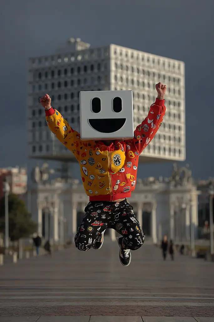Midjourney generated image using SREF code Pyrognome: A person jumping in the air with a smiley face on their head.