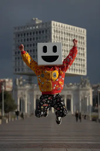 Midjourney generated image using SREF code Pyrognome: A person jumping in the air with a smiley face on their head.