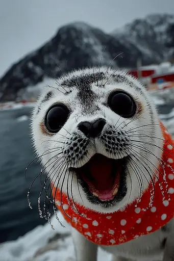 Midjourney generated image using SREF code Pyrognome: A seal wearing a red bandana on a snowy beach.