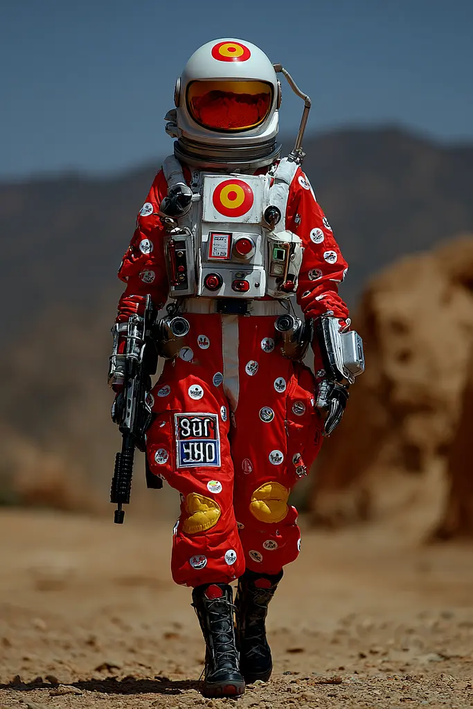 Midjourney generated image using SREF code Pyrognome: A man in a red and white space suit holding a rifle.