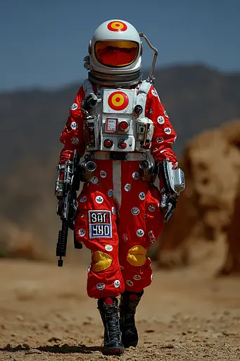 Midjourney generated image using SREF code Pyrognome: A man in a red and white space suit holding a rifle.