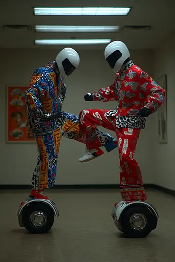 Midjourney generated image using SREF code Pyrognome: A couple of people riding on top of a hoverboard.