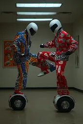 Midjourney generated image using SREF code Pyrognome: A couple of people riding on top of a hoverboard.
