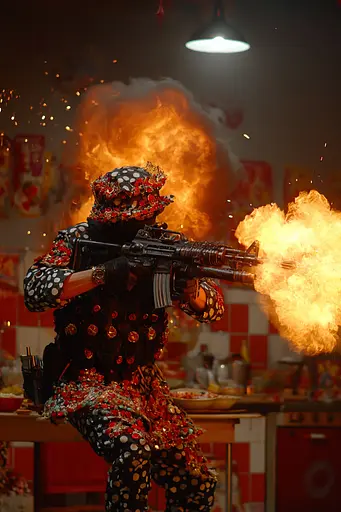 Midjourney generated image using SREF code Pyrognome: A man in a costume holding a machine gun in a kitchen.