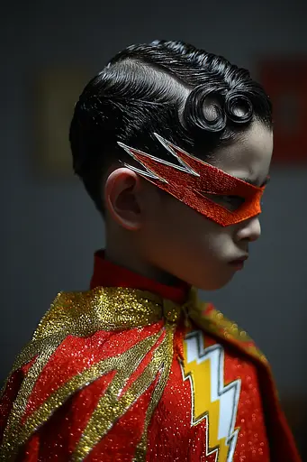 Midjourney generated image using SREF code Pyrognome: A young boy dressed as a superhero with a red and gold costume.