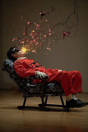 Midjourney generated image using SREF code Pyrognome: A man in a red suit sitting in a chair with a sparkler in his mouth.