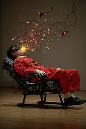 Midjourney generated image using SREF code Pyrognome: A man in a red suit sitting in a chair with a sparkler in his mouth.