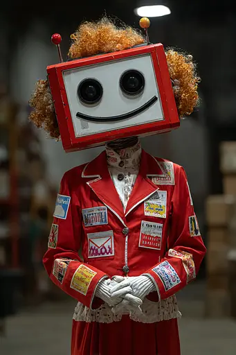 Midjourney generated image using SREF code Pyrognome: A man in a red suit with a robot head on his head.